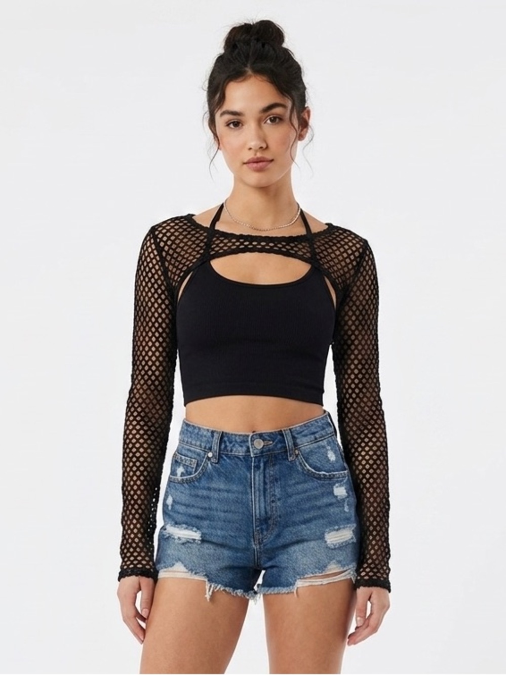 Vintage Black Fishnet Mesh Shrug Bolero Y2K Festival Grunge Long Sleeve Size S